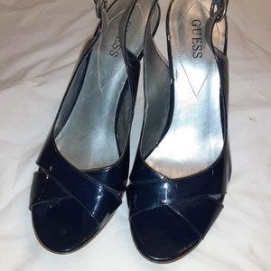 Blue patent leather heels